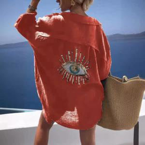 Evil Eye 캐주얼 여성 셔츠, 비치 스타일, 루즈 단추 자외선 차단 코튼 린넨 셔츠, 원피스 여름 캐주얼 여성 상의