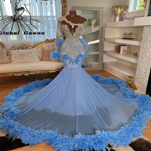 맞춤형 실버 구슬 다이아몬드 블루 이브닝 드레스, 한쪽 소매 깃털 반짝이 크리스탈 무도회 원피스, 인어 생일 파티 가운