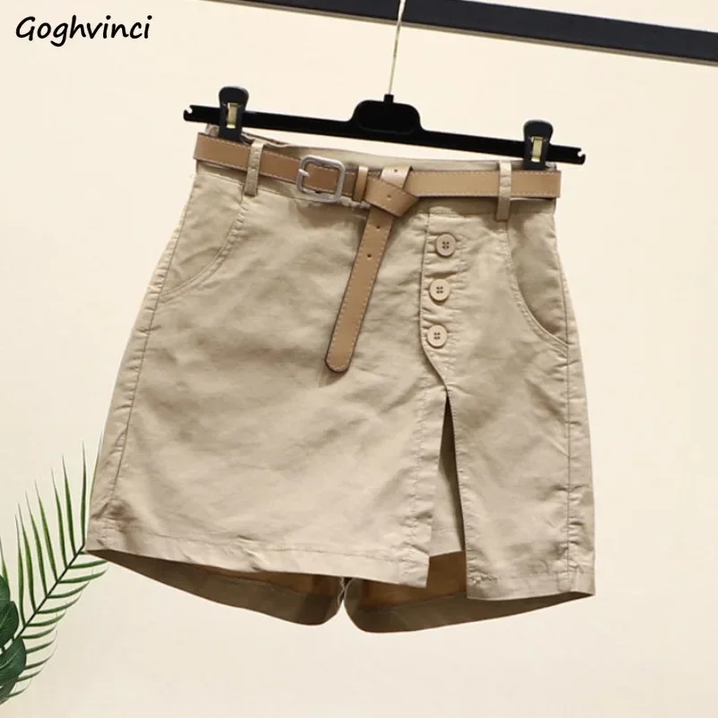 여성용 솔리드 반바지, 하이웨이스트 사이드 슬릿 단추 디자인, 시크한 올 매치 스트리트웨어, 힙스터 여성 의류, 한국 패션, 여름