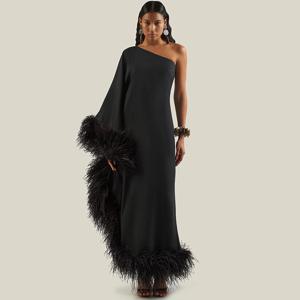 클래식 블랙 맞춤형 이브닝 드레스 모던 원 숄더 긴 소매 파티 드레스 럭셔리 깃털 특별 행사 가운