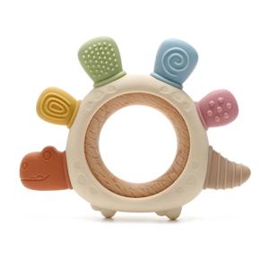 2025 새로운 만화 실리콘 Teether, 유아를위한 식품 학년 젖니가 남 반지 감각 장난감, 실리콘 dinasour 모양 진정 장난감