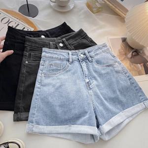 하이웨이스트 와이드 레그 숏진 여성 여름 루즈 슬리밍 한국 스타일 A라인 커프스 캐주얼 핫팬츠 블루 데님