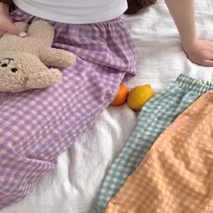 코튼 와이드 레그 체크 팬츠 여성 여름 얇은 코튼 린넨 홈 팬츠 루즈핏 하이웨이스트 9부 길이 바지