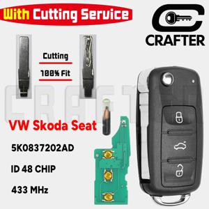 키 크래프터스 5K0837202AD 434MHz ID48 칩 플립 리모컨 자동차 키 폭스바겐 폴로 골프 파사트 티구안 스코다 시트 키 절단용