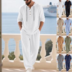 봄 여름 린넨 남성 캐주얼 수트 루즈핏 후드 헨리넥 긴팔 긴바지 세트 솔리드 컬러 패션 캐주얼