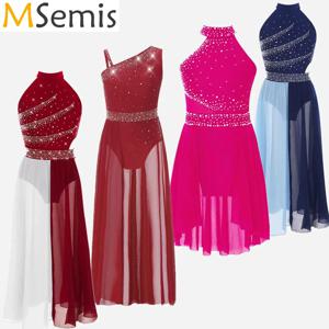 어린이 여자 반짝이 라인스톤 체조 피겨 스케이팅 공연 의상 성무 예배 현대 리리컬 발레 댄스 드레스