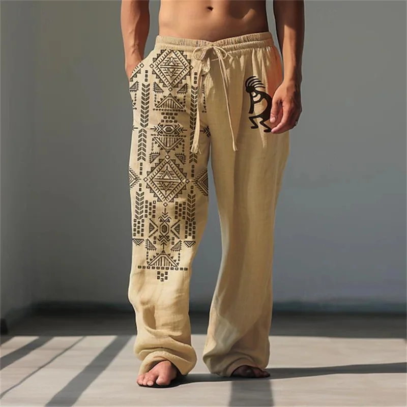 레트로 프린트 남성 캐주얼 바지 통기성 루즈핏 와이드 레그 팬츠 스타일리시 아웃도어 스트리트웨어 드로스트링 컴포트 바지