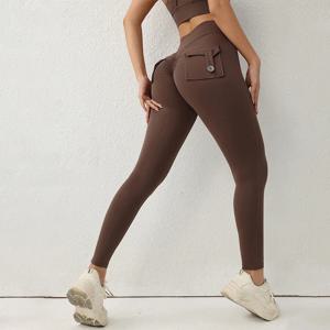 TRY TO BN 스포츠 짐 레깅스 요가 팬츠 피트니스 스크런치 버튼 피치힙 하이웨이스트 레깅스 포켓 러닝 타이츠 여성용