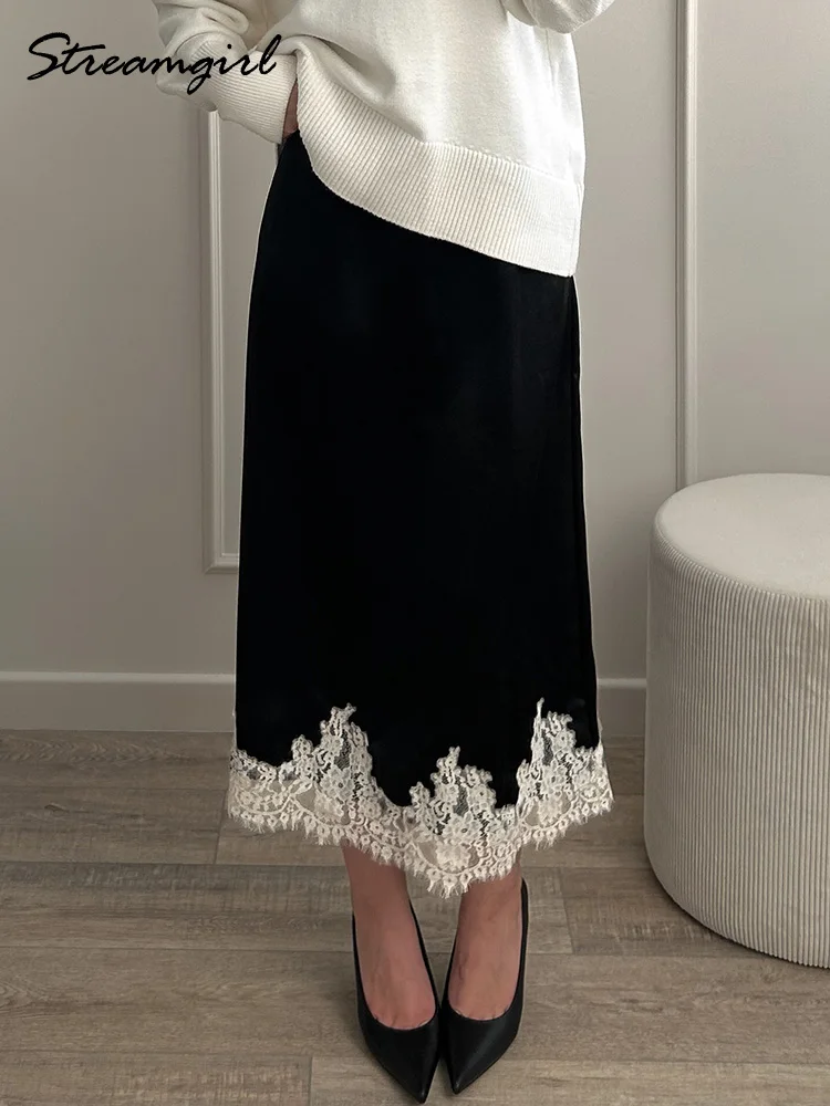 레이스 브라운 미디 새틴 스커트 여성 여름 오피스 지퍼 스커트 A라인 패치워크 새틴 실크 스커트 미디 블랙 럭셔리 여성용
