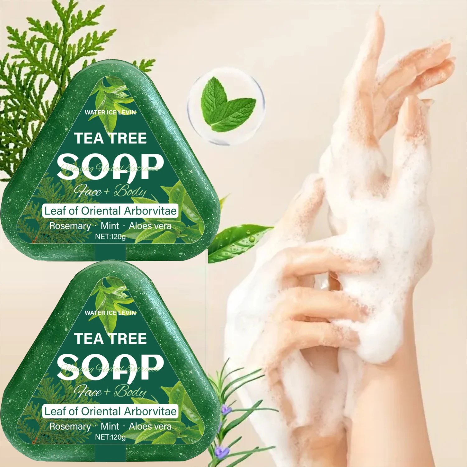 티트리 비누 (얼굴+바디): 동양산 삼나무 잎, 로즈마리/민트/알로에, 모든 모발 유형에 부드럽게 수분 공급