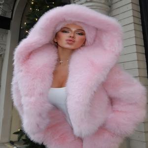 BKQU 겨울 핑크 인조 모피 코트 우아한 큰 모피 트림 후드 여성 재킷 따뜻한 플러시 크롭 달콤한 여성 인조 모피 코트 2026