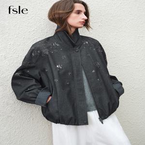 FSLE 【프리미엄 시리즈】 2026 여성용 비즈 장식 가죽 칼라 재킷 봄 긴팔 루즈핏 개성 디자인 코트