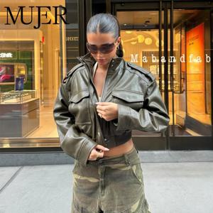 MUJER 인조 가죽 크롭 재킷 여성용 봄 가을 재킷 긴 소매 여성 코트 지퍼 오버코트 재킷 여성용