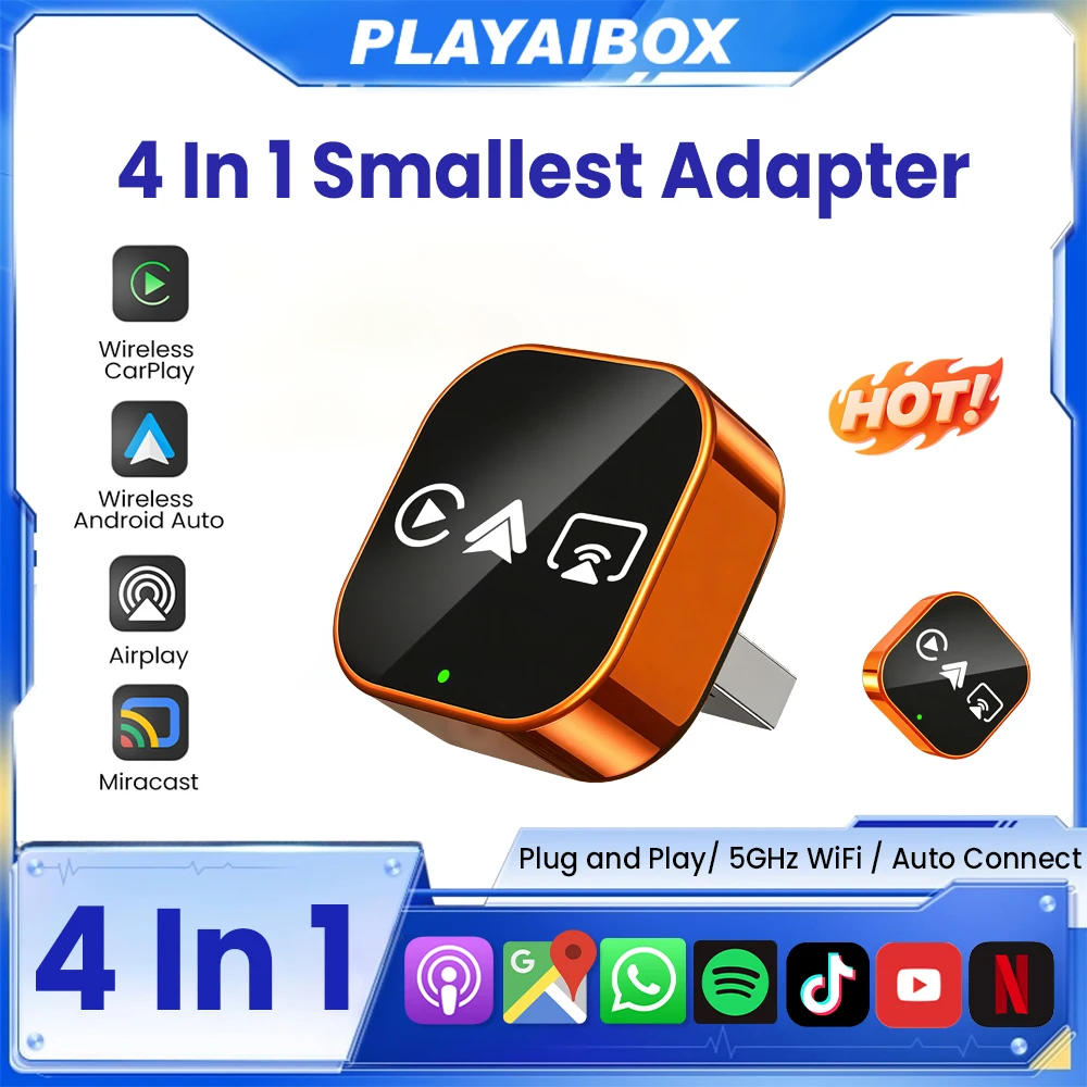 2026 4in1 새로운 업그레이드 카플레이 어댑터 무선 안드로이드 오토 미러링크 스마트 미니 AI 박스 USB 플러그 앤 플레이 자동 연결 WiFi