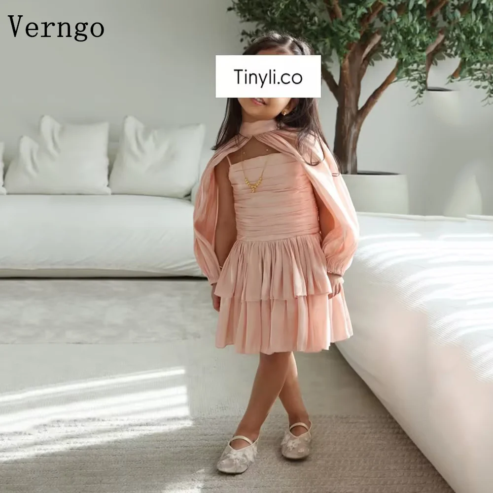 Verngo 우아한 핑크 크레이프 소녀 정장 드레스 2 피스 A 라인 티어드 포멀 핏 아라비아 댄스 파티 드레스 맞춤형