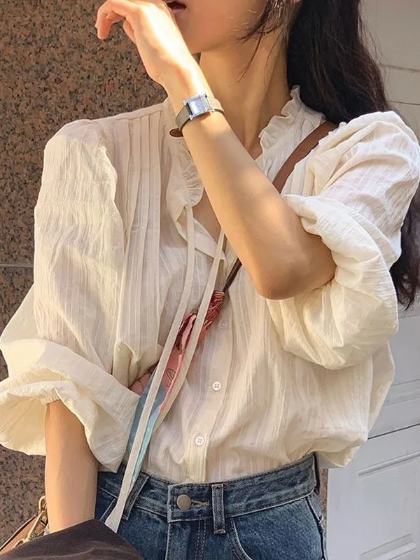 레트로 우드 엣지 버블 슬리브 셔츠 여성용 루즈핏 플리츠 얇은 스윗 안티에이징 돌탑 트렌디 하프 버튼 긴팔