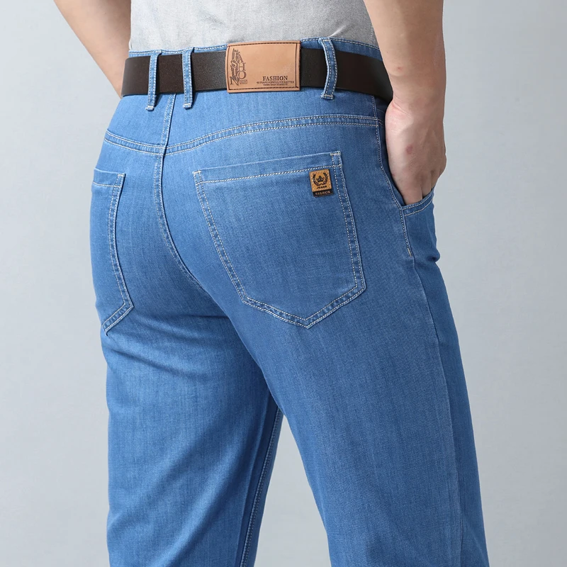 2026 신상 봄 여름 아이스 실크 얇은 남성용 하늘색 스트레이트 슬림 진 스타일리쉬 캐주얼 스트레치 데님 팬츠 클래식 트라우저 40