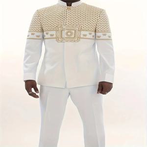 남성 다쉬키 무슬림 의류 2피스 풀 팬츠 세트 아프리카 전통 의상 긴팔 고급 카프탄 자수 화이트 웨딩