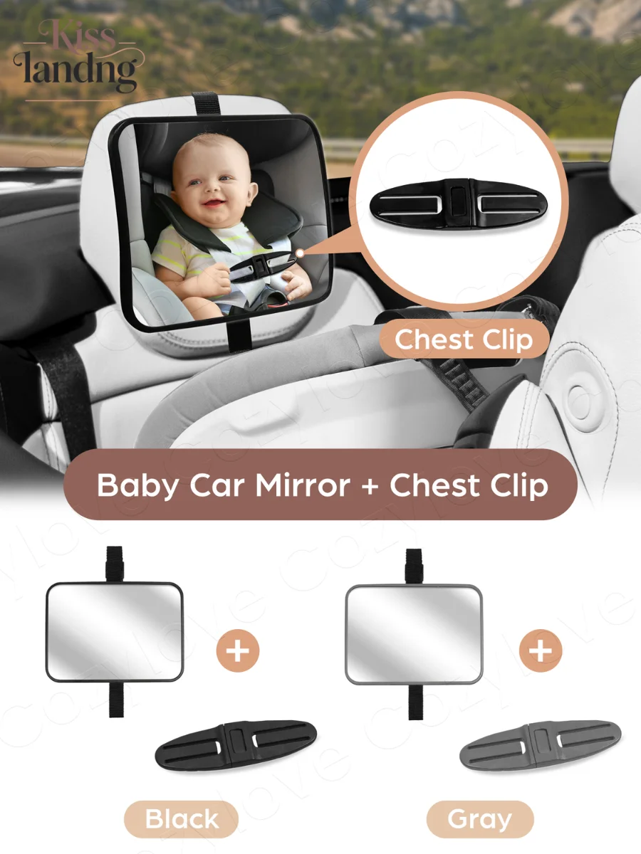아기 자동차 거울 + 가슴 클립 세트 |   유아용 카시트용 안전 체스트 클립이 포함된 깨지지 않는 뒷좌석 거울, 2가지 색상 옵션