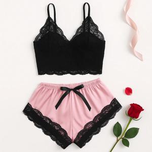 여성용 2 피스 섹시한 레이스 파자마 세트 시스루 Bralette 캐미 탑과 반바지 통기성 잠옷 플러스 사이즈 여름 란제리