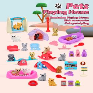 귀여운 강아지 애완 동물 바구니 가족 장난감 개 인형 세트 개 케이지 장난감 장면 놀이 장난감 크리스마스 장식 및 추수 감사절 선물