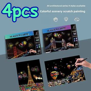 4Pcs 어린이 DIY 밤 장면 아트 스크래치 그림 장난감 도시 건물 풍경 어린이 교육 장난감 생일 선물 룸 장식