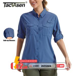 TACVASEN 여성용 장티셔츠 롱 슬리브 버튼 다운 아웃도어 캠핑 셔츠, 흡습성이 좋은 선 보호 탑
