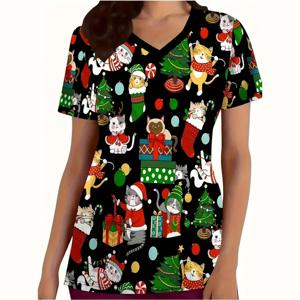 여성 수의사 치과 의료 유니폼, 마이크로 스트레치 V넥 반팔 상의, 크리스마스 수술 유니폼, 신제품