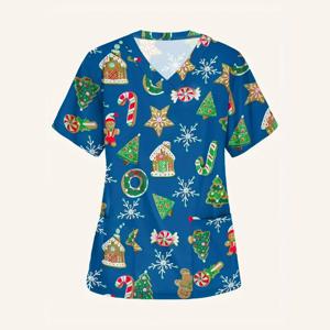 크리스마스 여성 수술 스크럽, 만화 패턴 인쇄 스파, V넥 간호사 스크럽, 패션 수의사 간호사 의류, 여성 유니폼, 여름