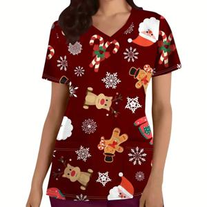 여성용 크리스마스 스크럽 의료 의류, 만화 패턴 인쇄, V넥, 반팔, 간호사 유니폼, 여름 패션