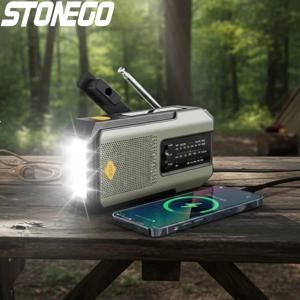 STONEGO 비상 라디오 태양광 발전 핸드 크랭크 라디오 글로벌 수신기 고품질 LED 토치 독서등 SOS 알람 2000mAh