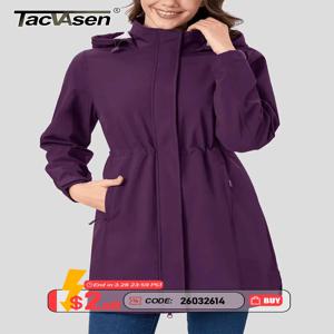 TACVASEN 여성용 롱 후드 재킷, 양털 안감 소프트쉘 재킷, 방수 방풍 하이킹 재킷, 레인 코트, 바람막이 파카