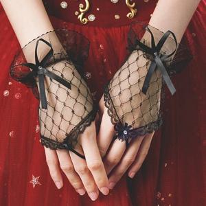Bowknot 블랙 레이스 핸드 장갑 여성 섹시 fishnet 얇은 흰색 로리타 뜨거운 여자 메쉬 핑거리스 장갑 웨딩 신부 손목 슬리브