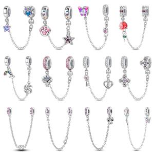 925 스털링 실버 하트 모양의 Keylock 크로스 패턴 판타지 고양이 발톱 안전 체인 맞는 Qikaola 원래 팔찌 DIY 쥬얼리