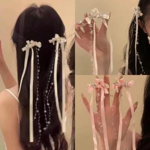 리본 유리 페르시 활 술 헤어 클립 여성 한국어 Y2K 패션 솔리드 컬러 머리핀 여자 파티 모자를 쓰고 있죠 사이드 클립