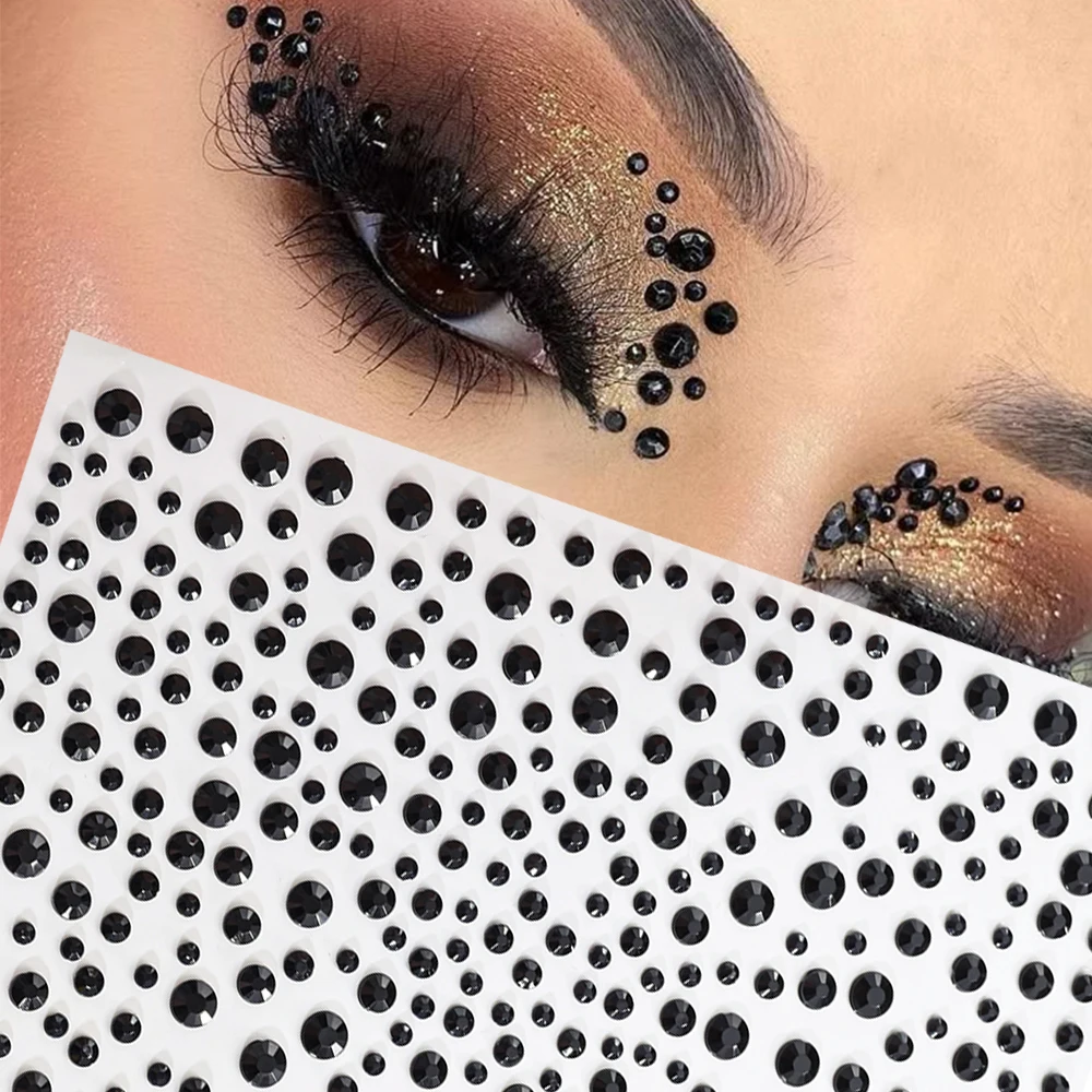 1Pcs 블랙 페이스 보석 메이크업 스티커 3D 믹스 라인 석 자체 접착 문신 아이 섀도우 스티커 다크 고급 페이셜 아이 DIY Decora