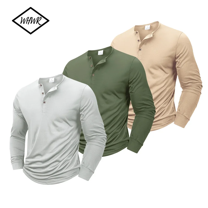 헨리넥 티셔츠 남성 기본 통기성 남성 긴팔 탑 티셔츠 봄 가을 캐주얼 단색 버튼 티셔츠