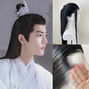 남성용 블랙 레이스 프론트 가발 26인치 롱 스트레이트 코스프레 가발 자연스러운 헤어라인 고품질 섬유 헤어 가발 합성 레이스 가발