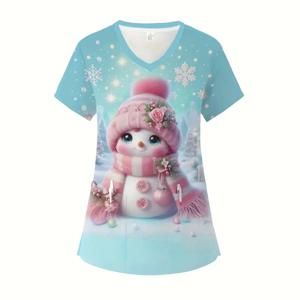 외과 유니폼 여성 크리스마스 눈사람 인쇄 간호사 탑 여름 패션 v 넥 포켓 짧은 소매 여성 의료 유니폼