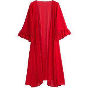 여성 빈티지 솔리드 쉬폰 셔츠 루즈 숄 키모노 가디건 보헤미안 탑 롱 선스크린 재킷 블라우스 가디건 플러스 사이즈