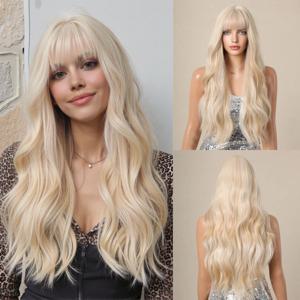 헨리 마르구 옴브레 금발 합성 가발 여성용 긴 웨이브 가발(뱅 포함) 일상 파티 결혼식용 고온 섬유