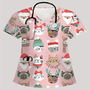 크리스마스 시리즈 프린트 스파 수의사 V넥 반팔 간호사 여름 패션 치과 의사 임상 유니폼 여성용 스크럽 유니폼