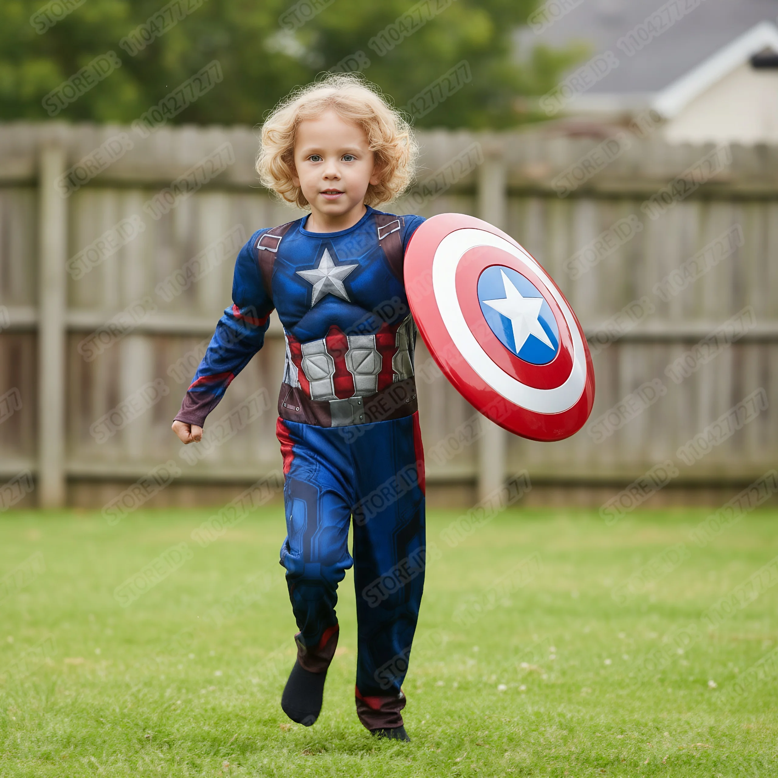 어린이 캡틴 아메리카 근육 의상 슈퍼 히어로 아메리카 캡틴 코스프레 점프 슈트 쉴드 할로윈 카니발 파티 의상 소년용