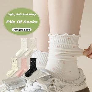 여성 웨이브 엣지 라운드 도트 미드 튜브 양말 여름 얇은 디자인 땀 흡수 통기성 발레 스타일 롱 여성용 프릴 코튼