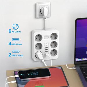 6개의 AC 콘센트, 4개의 USB 포트, 2개의 타입-C EU 플러그 충전기, 가정용 전원 스트립 소켓용 전기 스위치가 있는 벽면 콘센트 확장기