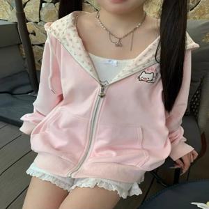 Y2k 후드티 그린 카와이 고양이 꽃무늬 프린트 후드 집업 여성 스웨트셔츠 핑크 얇은 재킷 봄 가을 옷 귀여운 스트리트웨어