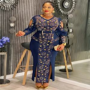여성용 고급 크리스탈 드레스, 우아한 긴팔 맥시 로브, 아프리카 의류, 앙카라 다시키 의상, 두바이 터키 카프탄 드레스