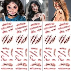 10pcs 할로윈 공포 상처 방수 임시 문신 스티커 혈액 부상 흉터 바디 아트 팔 가짜 문신 슬리브 여성 남성