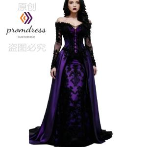 뱀파이어 퍼플 고딕 웨딩 드레스 2026 긴 소매 블랙 레이스 빅토리아 중세 신부 가운 할로윈 판타지 컬러 신부