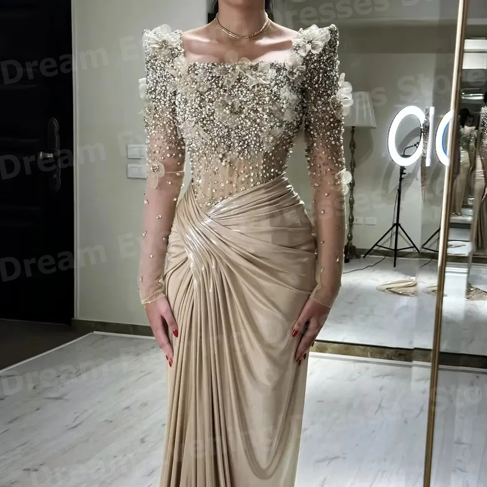 화려한 인어공주 스타일 여성용 스퀘어넥 비즈 이브닝 드레스 맞춤 제작 여성용 파티 드레스 긴팔 로브 드 소와레